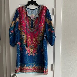 Vibrant Floral Tunic Dress in Blue & Pink
